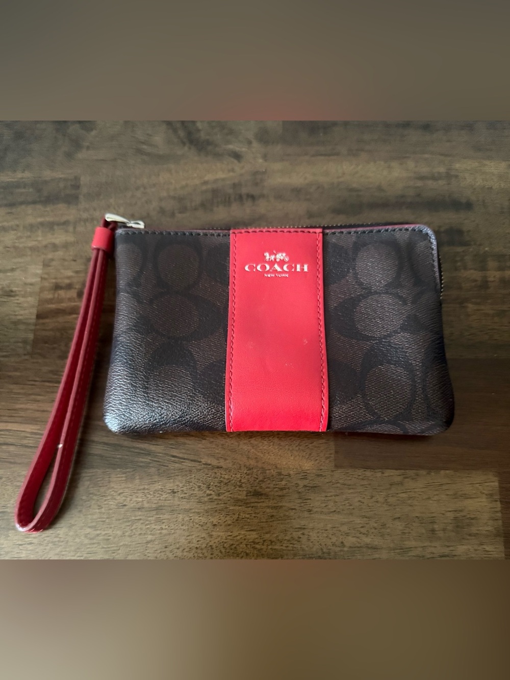 Coach Signature Logo Corner Zip Wristlet Brown Red Wrist Strap Card Slot